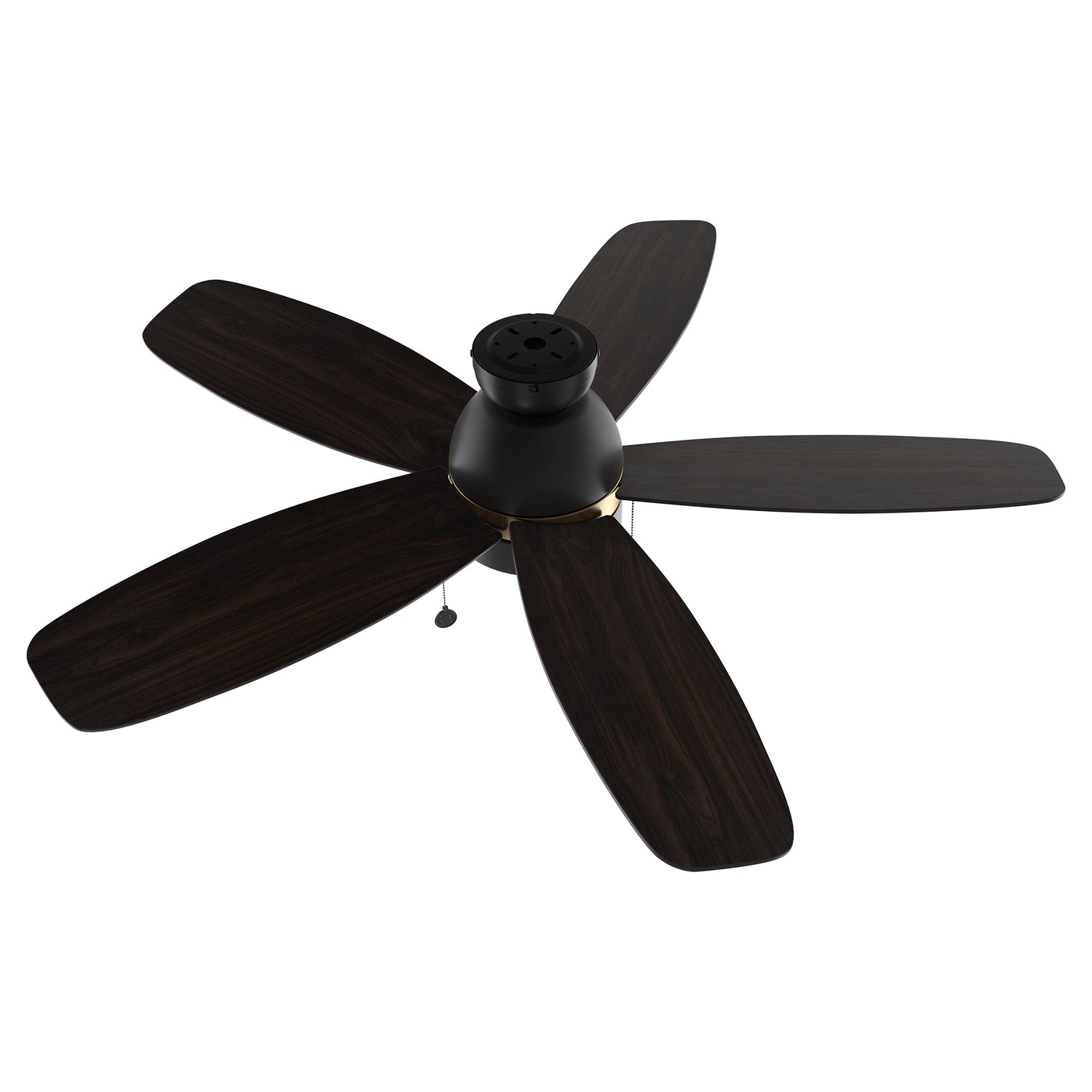 Carro flush mount Treyton 52 inch pull chain ceiling fan with 5 blades, dark wood design.