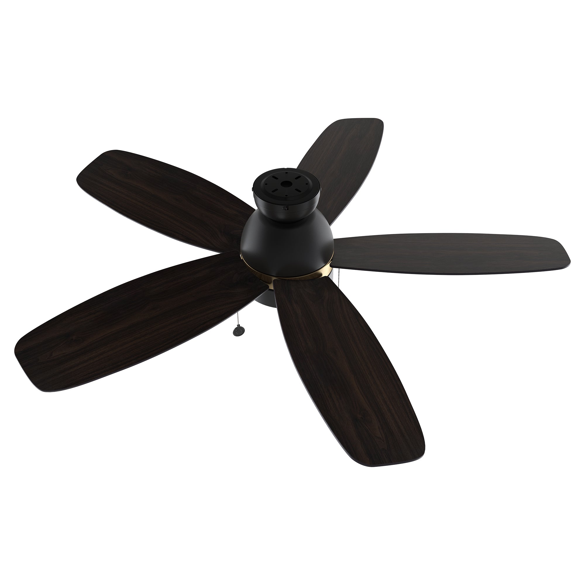 Carro flush mount Treyton 52 inch pull chain ceiling fan with 5 blades, dark wood design.