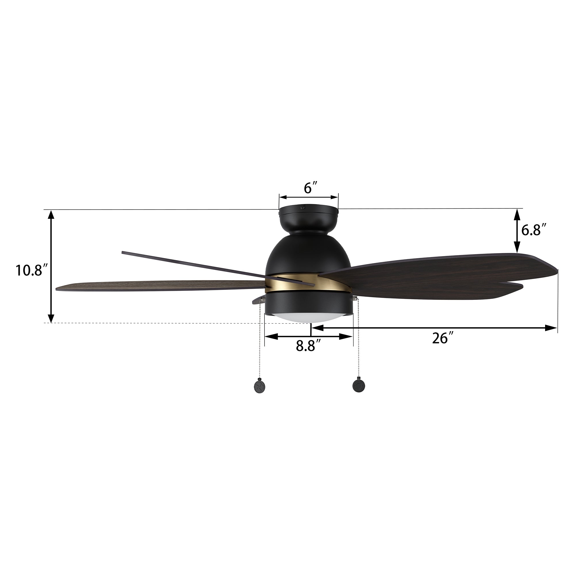 Detail size of Carro flush mount Treyton 52 inch pull chain ceiling fan with light, indoor use only.