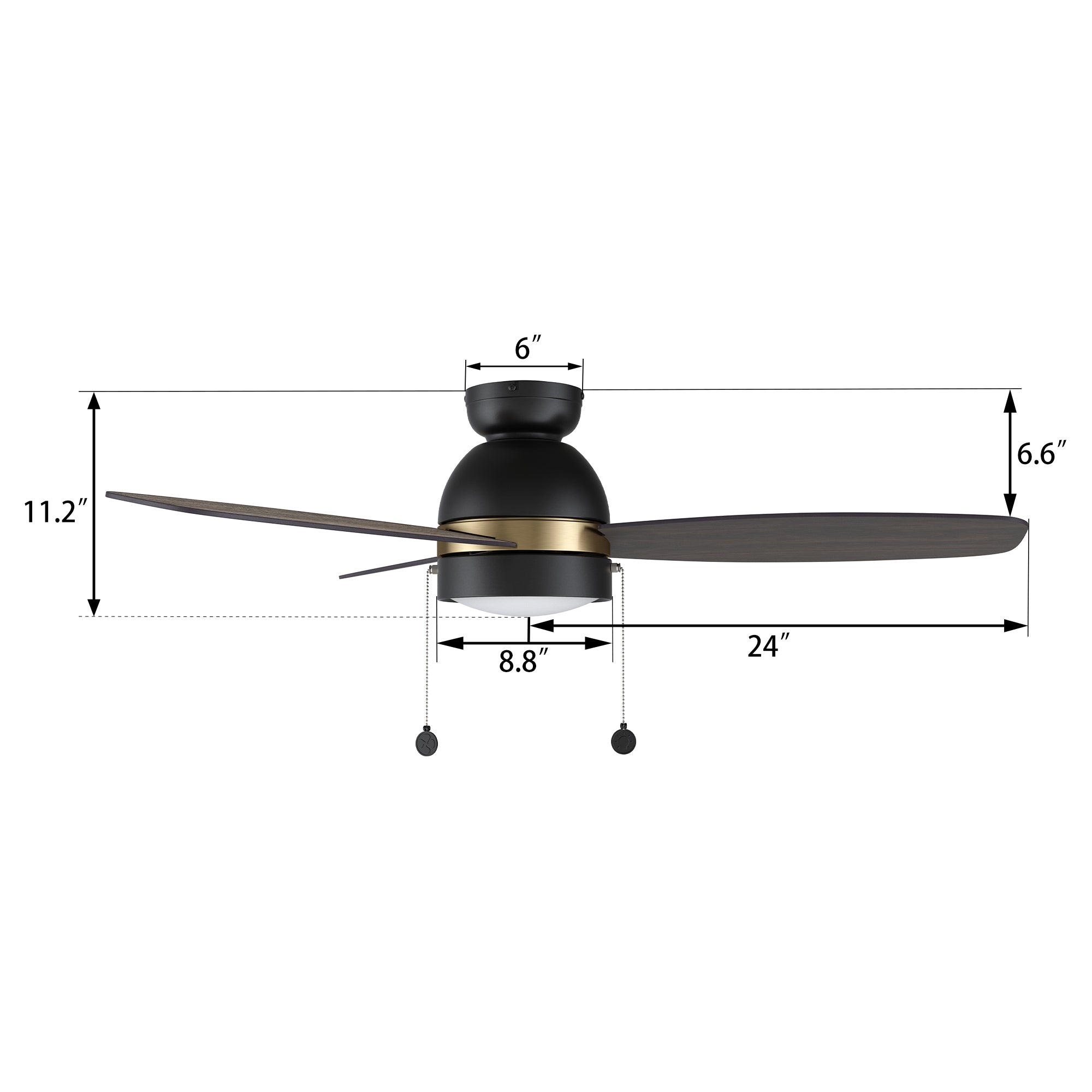 A size detail of Carro Troyes 48 inch pull-chain ceiling fan with light.