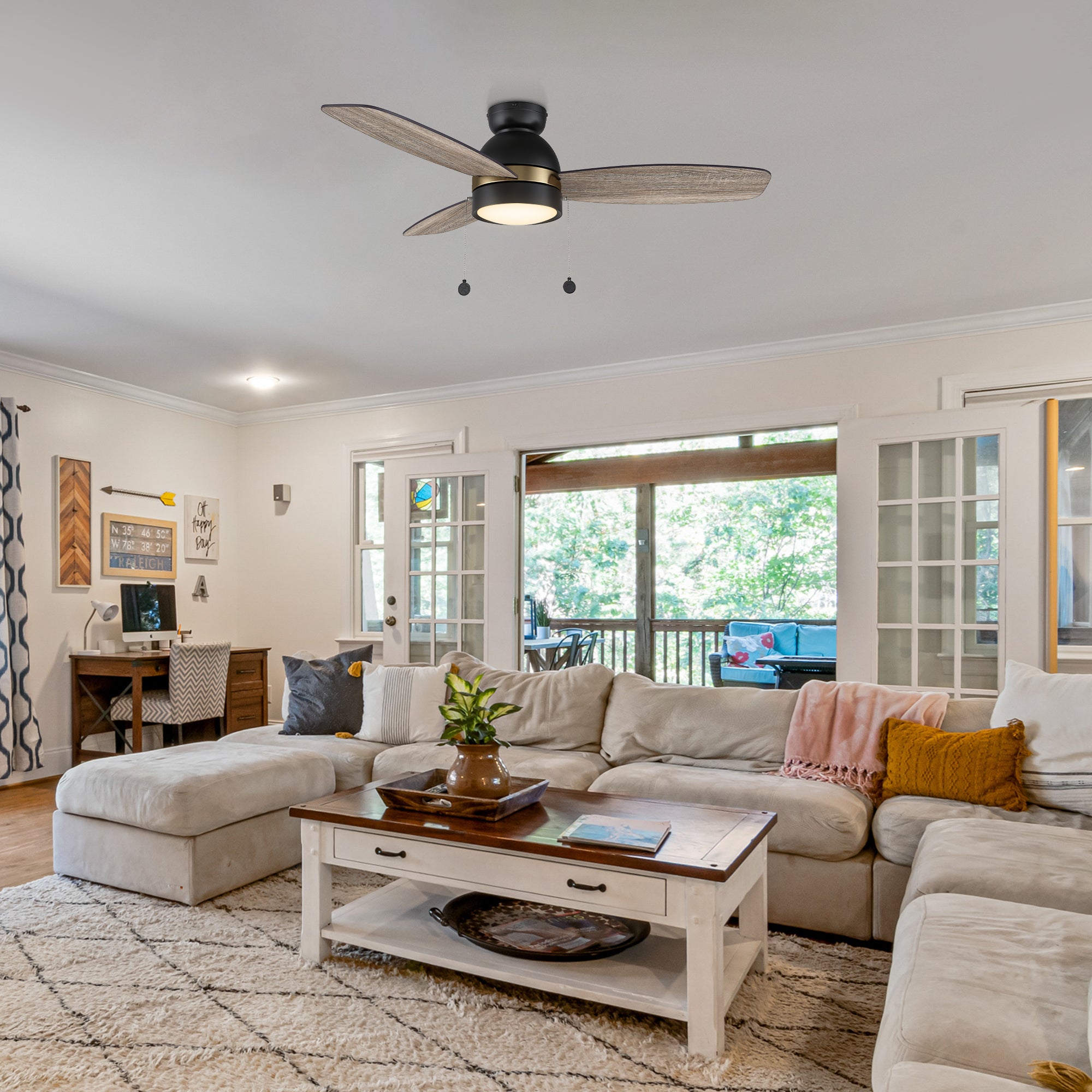 Smafan Carro Troyes 48 inch pull-chain ceiling fan design with Black finish, Plywood blades, and integrated 4000K LED cool light, decor in livingroom.