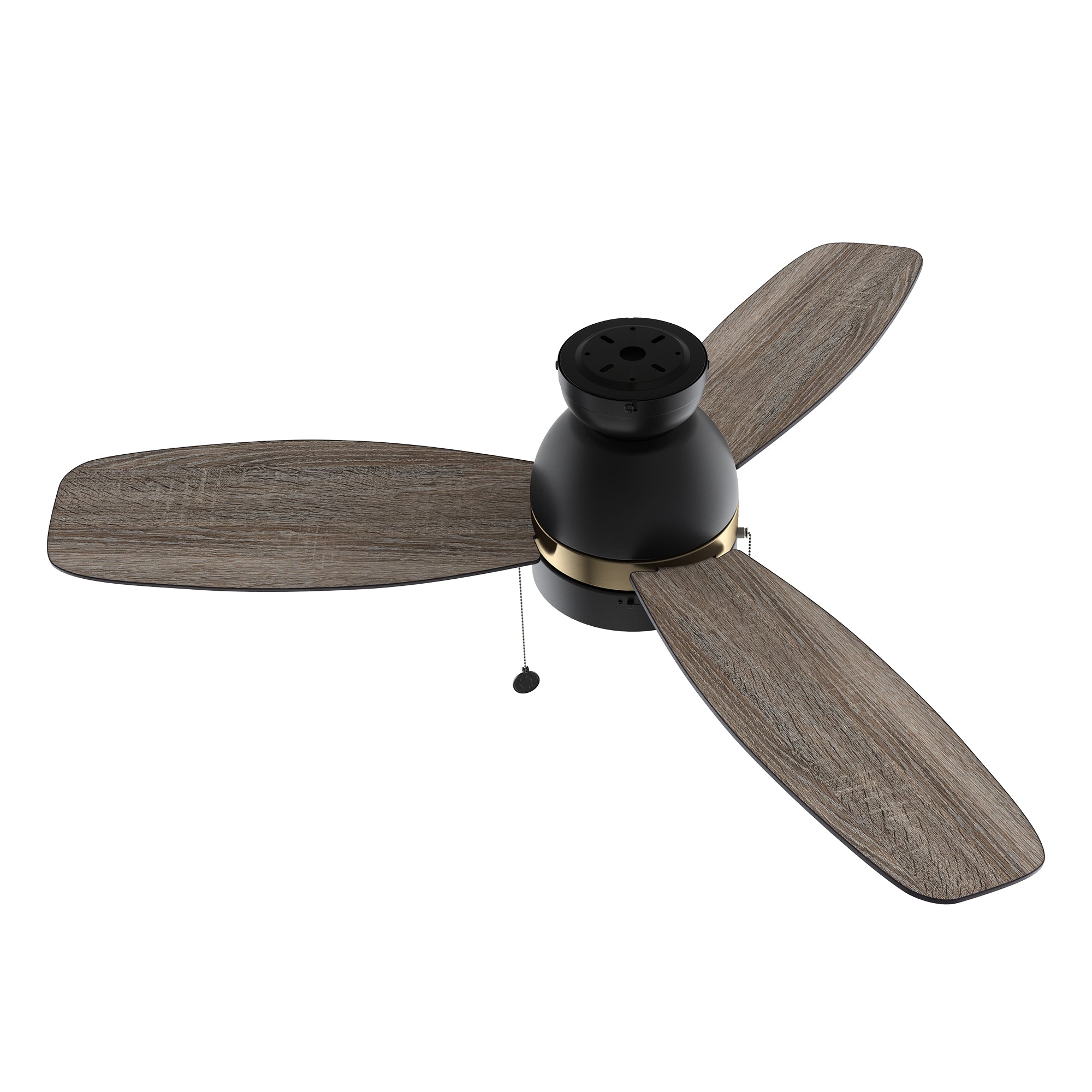 A close up detail of Carro Troyes 48 inch pull-chain ceiling fan, with Black and gold DC motor housing and 3 wood fan blades.