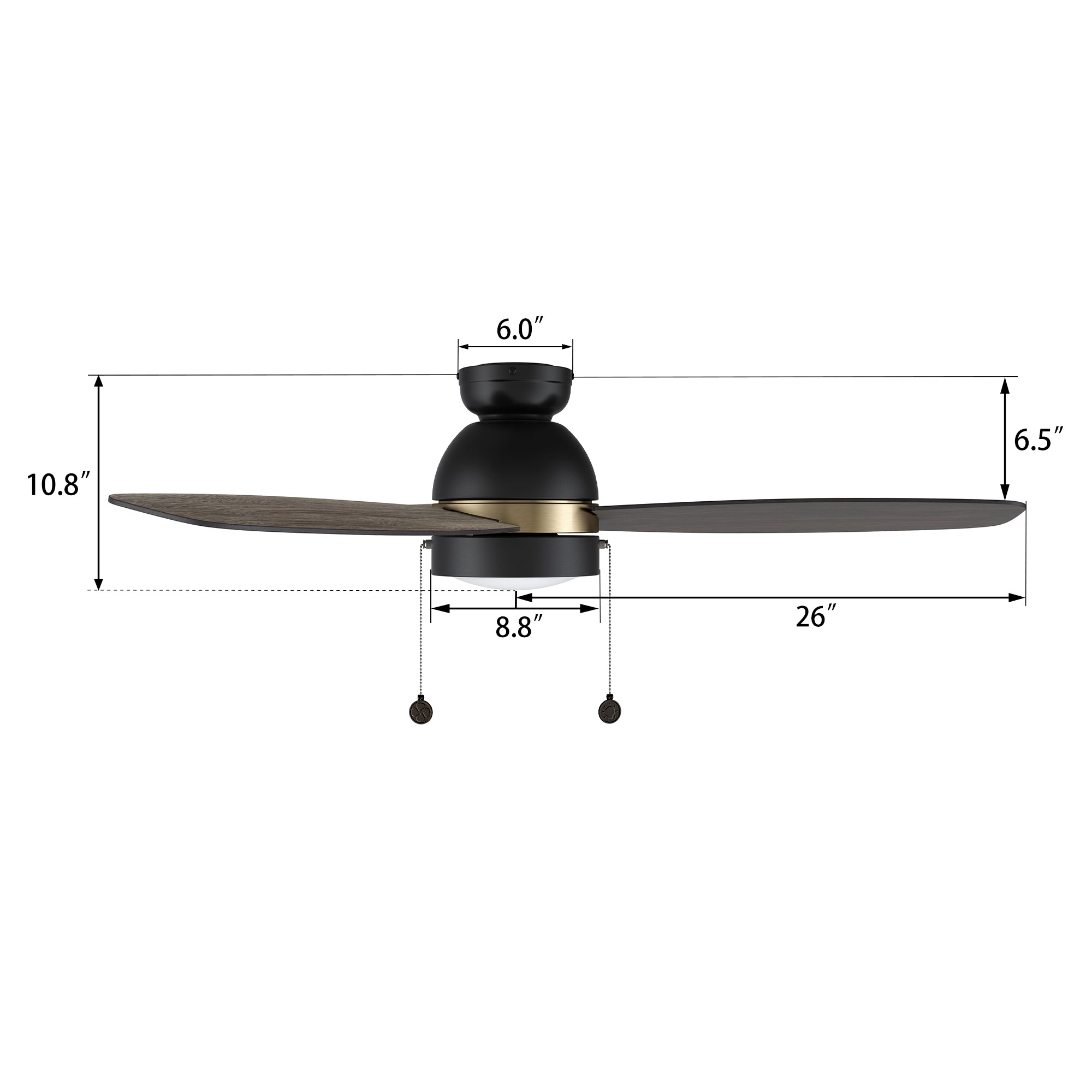 A size detail of Carro Troyes 52 inch pull-chain ceiling fan with light.