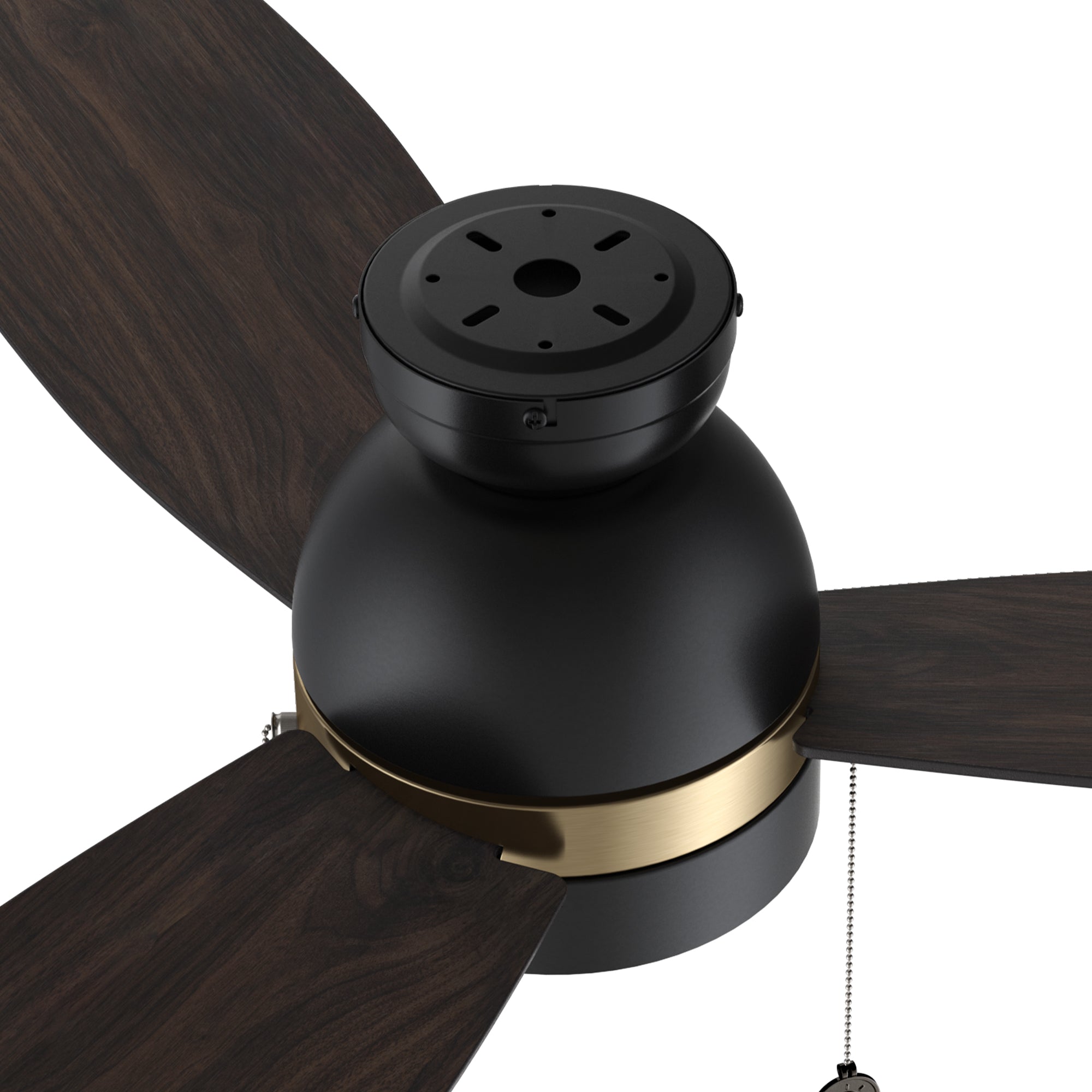 A close up detail of Carro Troyes 52 inch pull-chain ceiling fan, with Black and gold DC motor housing and 3 dark wood fan blades.