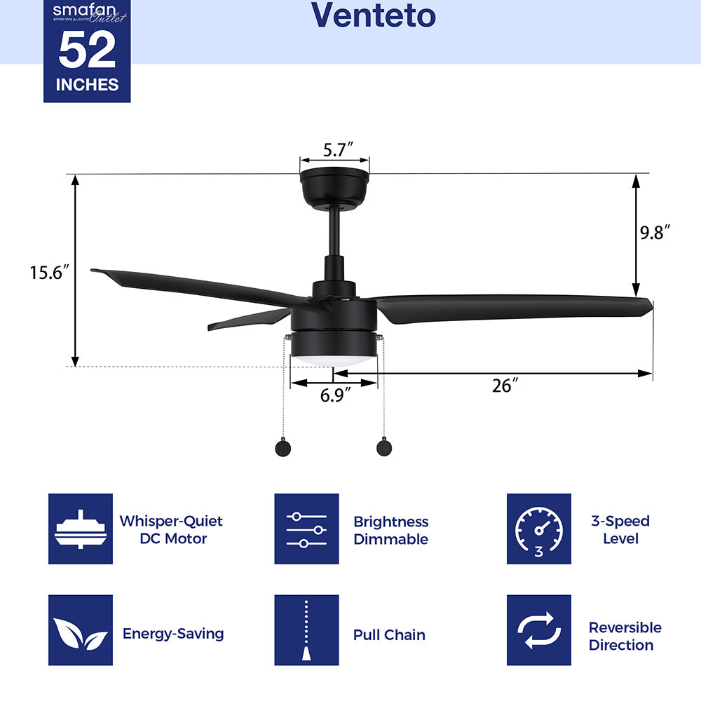 A pure black exterior, elegant ABS blades, and a charming LED light cover come together to create the classic Venteto 52 inch pull-chain ceiling fan with light.