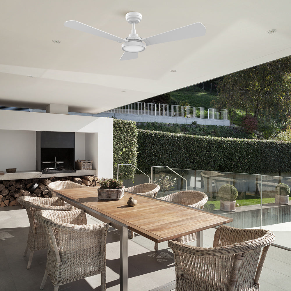 Carro Viter 52 inch outdoor ceiling fan with 3 white blades and an extended 6 in rod, Installed in the house proch.