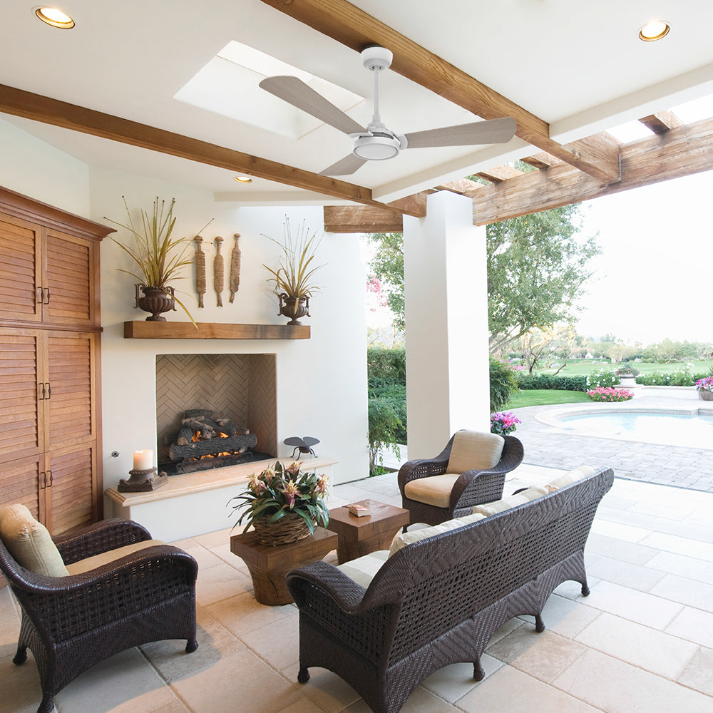 Smafan Carro Viter 56 inch smart outdoor ceiling fan, 3 light wood fan blades design, 6 inch downrod included, installed in outdoor garden.