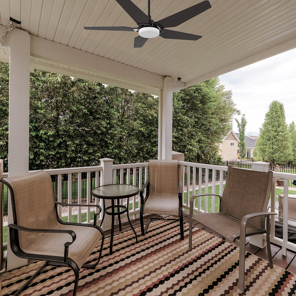 Smafan Voyager 52 inch smart outdoor ceiling Fan with light kit, dark wood fan blades design, 6 inch extended rod included, mounting in a outdoor patio.
