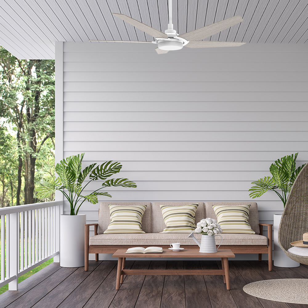Smafan Voyager 52 inch smart outdoor ceiling Fan with light kit, light wood fan blades design, 6 inch extended rod included, mounting in a outdoor garden.