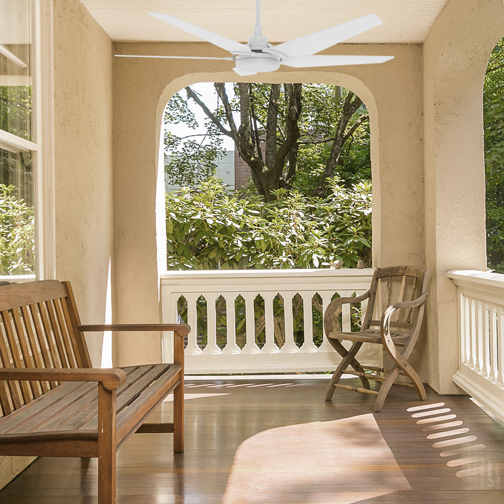 Smafan Voyager 52 inch smart outdoor ceiling Fan with light kit, white fan blades design, 6 inch extended rod included, mounting in a outdoor garden.