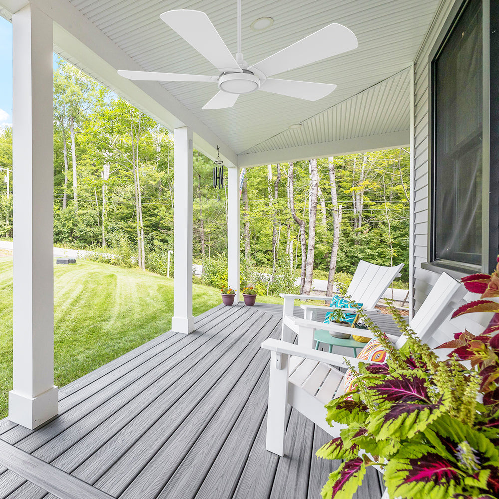 Smafan Carro Wilkes 52 inch outdoor ceiling Fan, 5 white plywood fan blades, 6 inch extended rod, downrod mounted in a covered porch.
