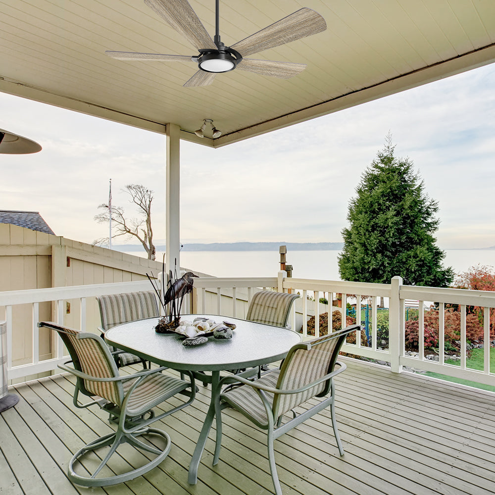 Smafan Carro Wilkes 52 inch outdoor ceiling Fan, 5 wood plywood fan blades, 6 inch extended rod, downrod mounted in a covered porch.