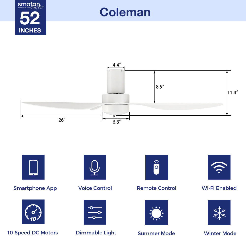 This Coleman 52" smart ceiling fan keeps your space cool, bright, and stylish. It is a soft modern masterpiece perfect for your indoor living spaces. This Wifi smart ceiling fan is a simplicity designing with white finish, use very strong ABS blades and has an integrated 5700K LED day light. The fan features Remote control, Wi-Fi apps, Siri Shortcut and Voice control technology (compatible with Amazon Alexa and Google Home Assistant ) to set fan preferences.