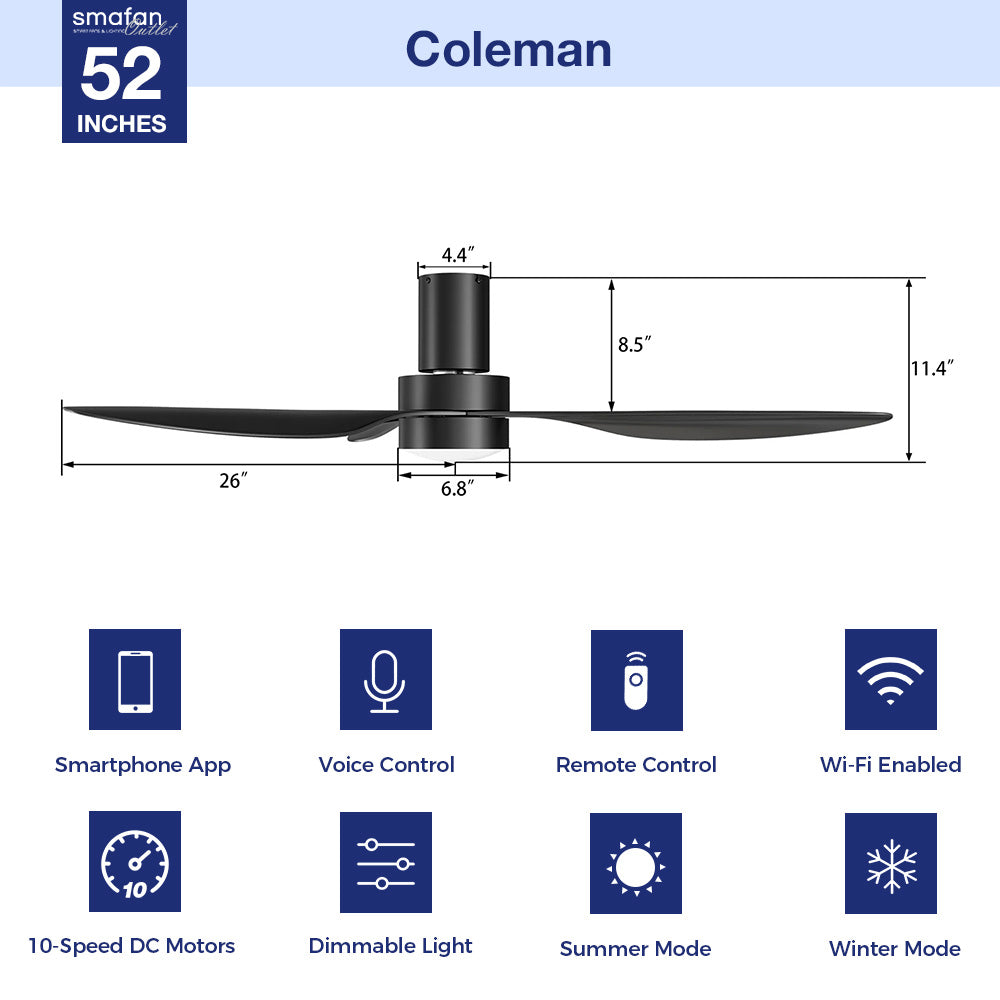 This Coleman 52" smart ceiling fan keeps your space cool, bright, and stylish. It is a soft modern masterpiece perfect for your indoor living spaces. This Wifi smart ceiling fan is a simplicity designing with white finish, use very strong ABS blades and has an integrated 5700K LED day light. The fan features Remote control, Wi-Fi apps, Siri Shortcut and Voice control technology (compatible with Amazon Alexa and Google Home Assistant ) to set fan preferences.