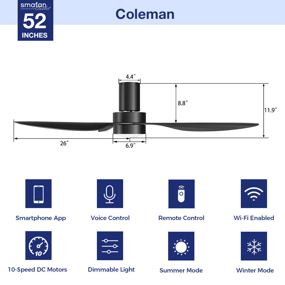 This Coleman 52" smart ceiling fan keeps your space cool, bright, and stylish. It is a soft modern masterpiece perfect for your indoor living spaces. This Wifi smart ceiling fan is a simplicity designing with white finish, use very strong ABS blades and has an integrated 5700K LED day light. The fan features Remote control, Wi-Fi apps, Siri Shortcut and Voice control technology (compatible with Amazon Alexa and Google Home Assistant ) to set fan preferences.