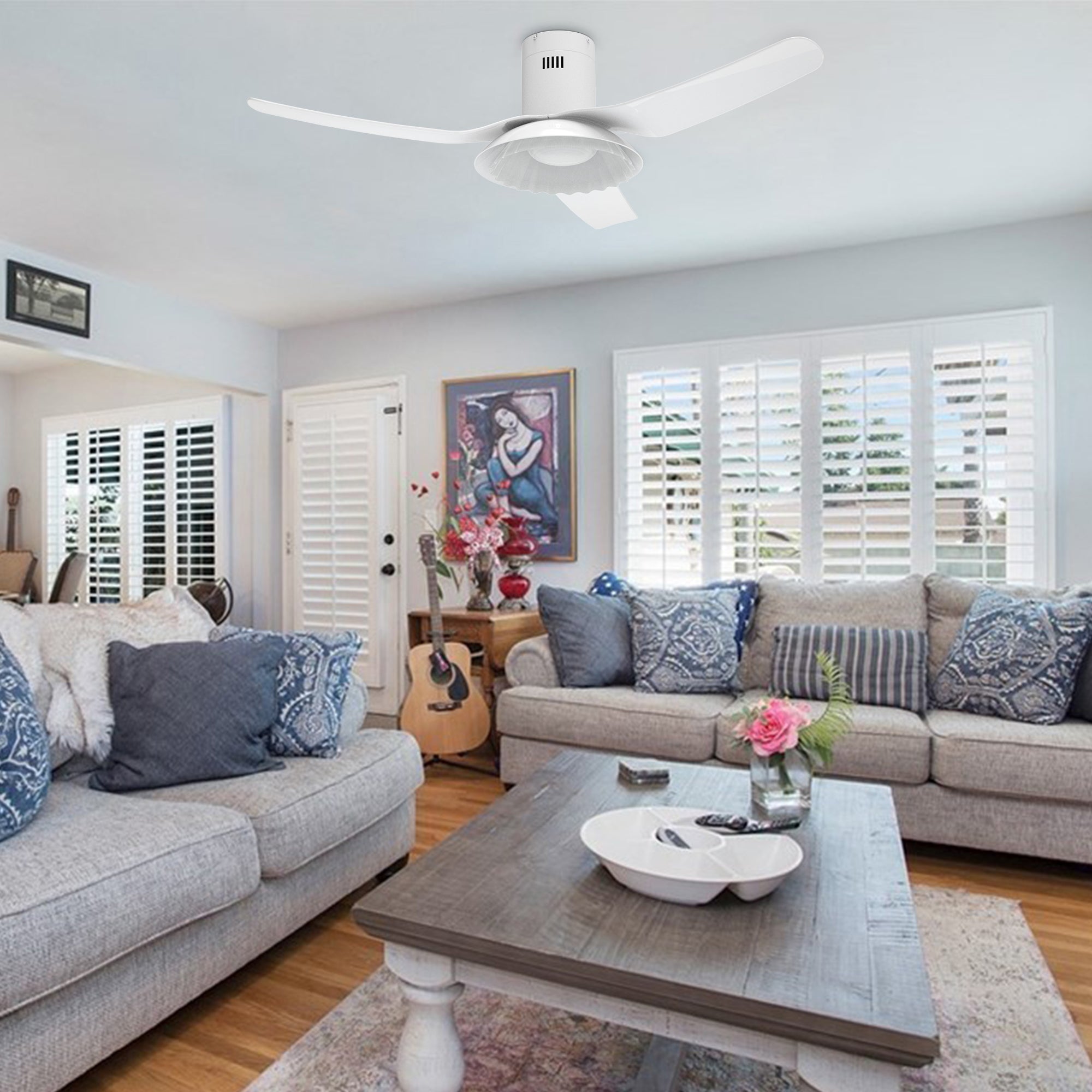 Smafan Daisy 52 inch flush mount smart ceiling fan with 3 blades and a 52-inch blade sweep has a charming blossoming flower appearance, living room decor.