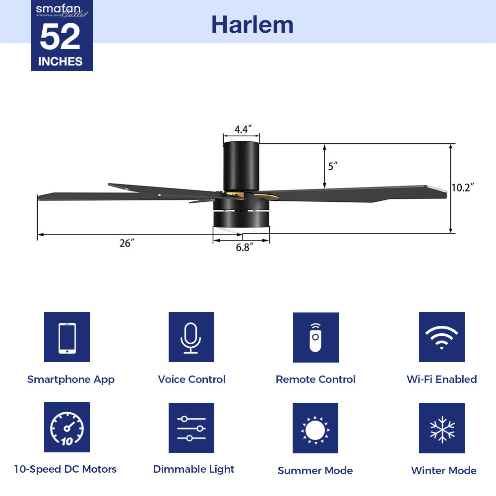 This Harlem 52" smart ceiling fan keeps your space cool, bright, and stylish. It is a soft modern masterpiece perfect for your large indoor living spaces. This Wifi smart ceiling fan is a simplicity designing with Black finish, use elegant Plywood blades and has an integrated 4000K LED cool light. The fan features Remote control, Wi-Fi apps, Siri Shortcut and Voice control technology (compatible with Amazon Alexa and Google Home Assistant ) to set fan preferences.