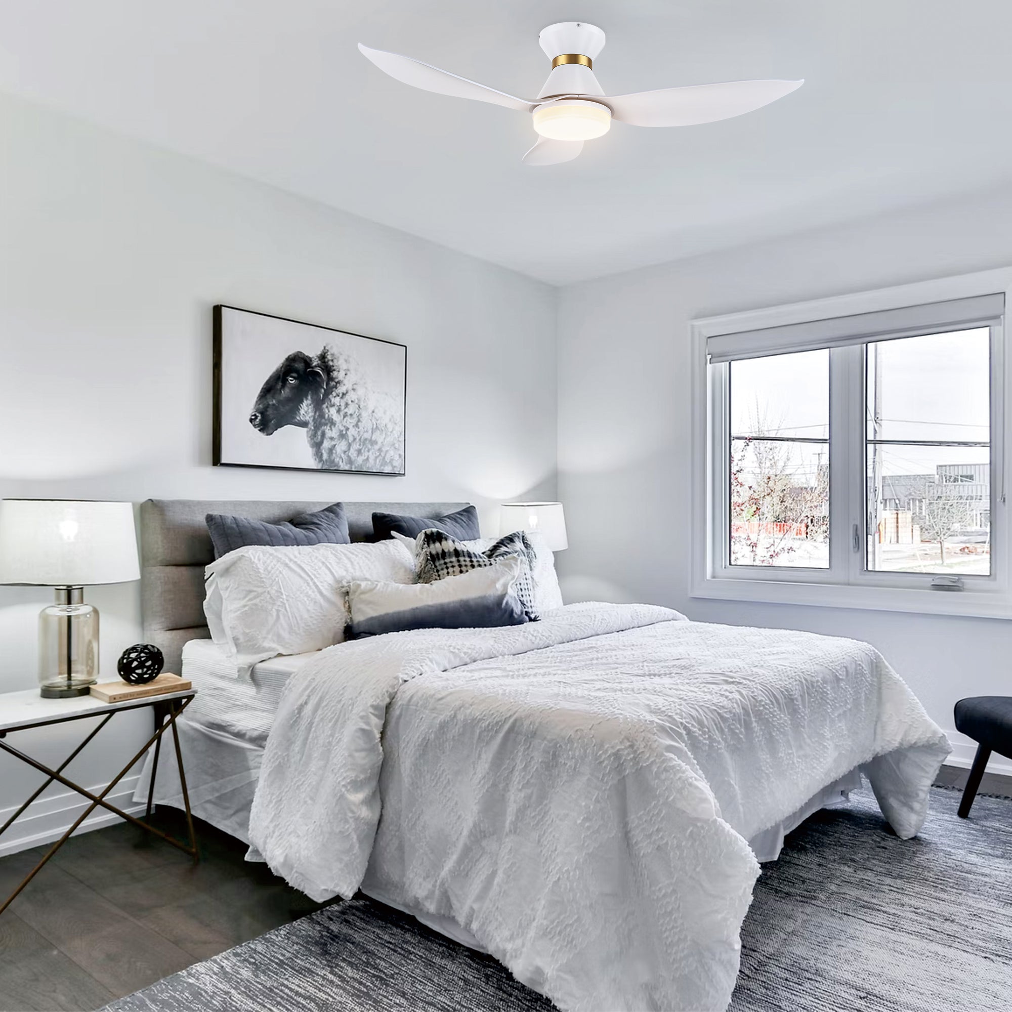 The Smafan Joliet Smart Ceiling Fan with 3 blades and a 45-iade of nch blade sweep with a swift modern appearance. Its compact size is perfect for smaller bedrooms.