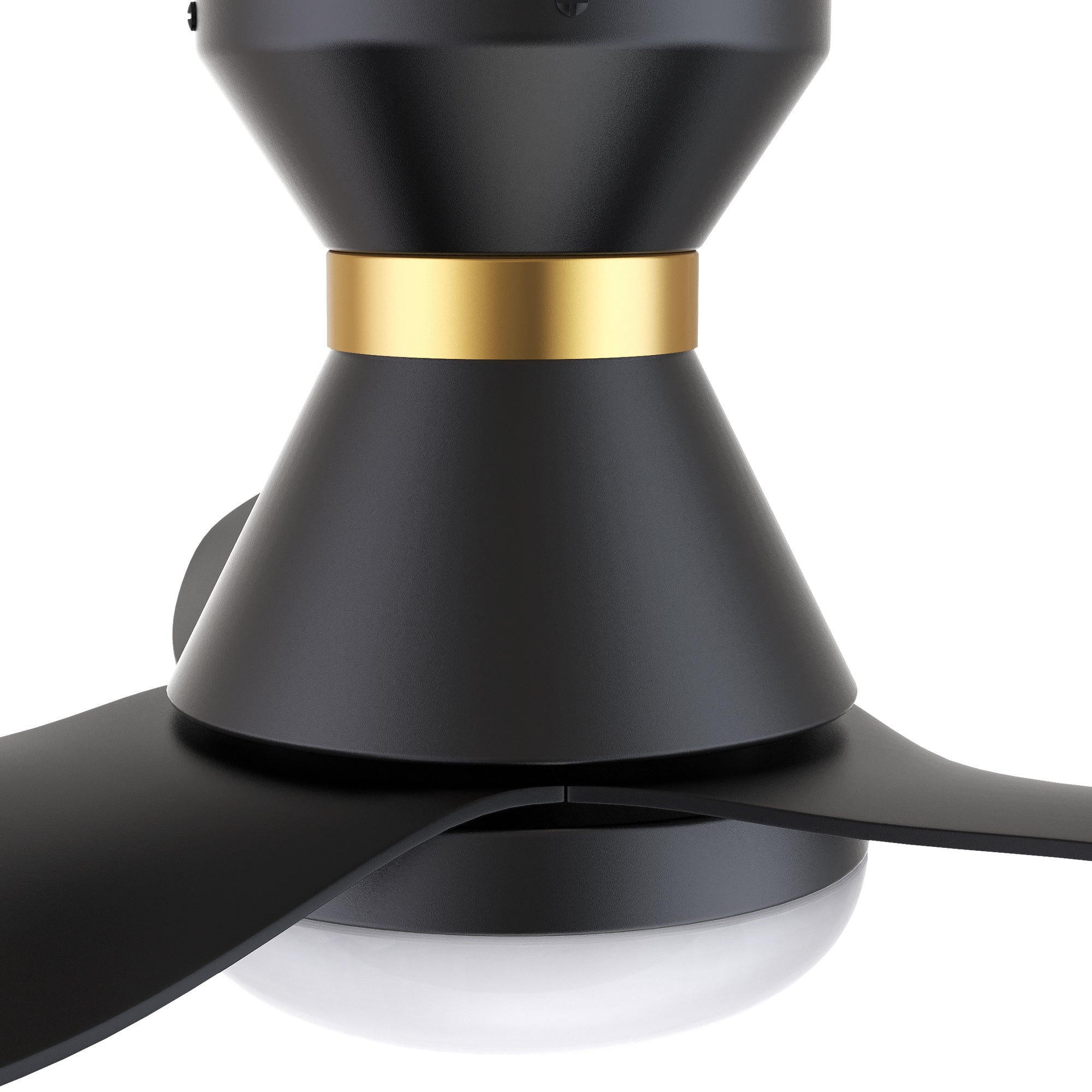 A close-up view of a black and gold flush-mount smart ceiling fan with three blades, highlighting the fan&