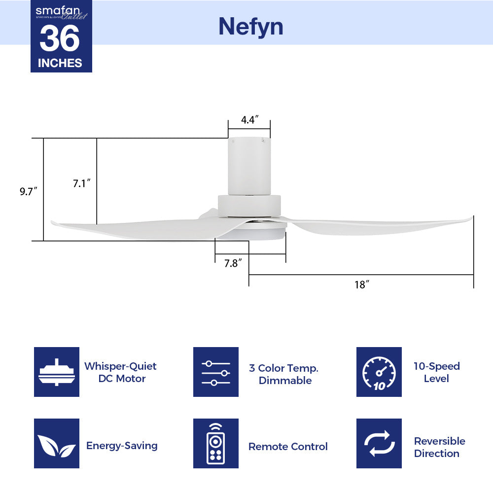 No space is too small for the Nefyn 36/45 inches flush mount ceiling fan! Designed with a compact exterior, a flush mount, an advanced DC motor, and luminous LED lighting. The Nefyn remote control ceiling fan is available in a black or white finish to contrast elegantly or blend seamlessly into the decor of your preference.