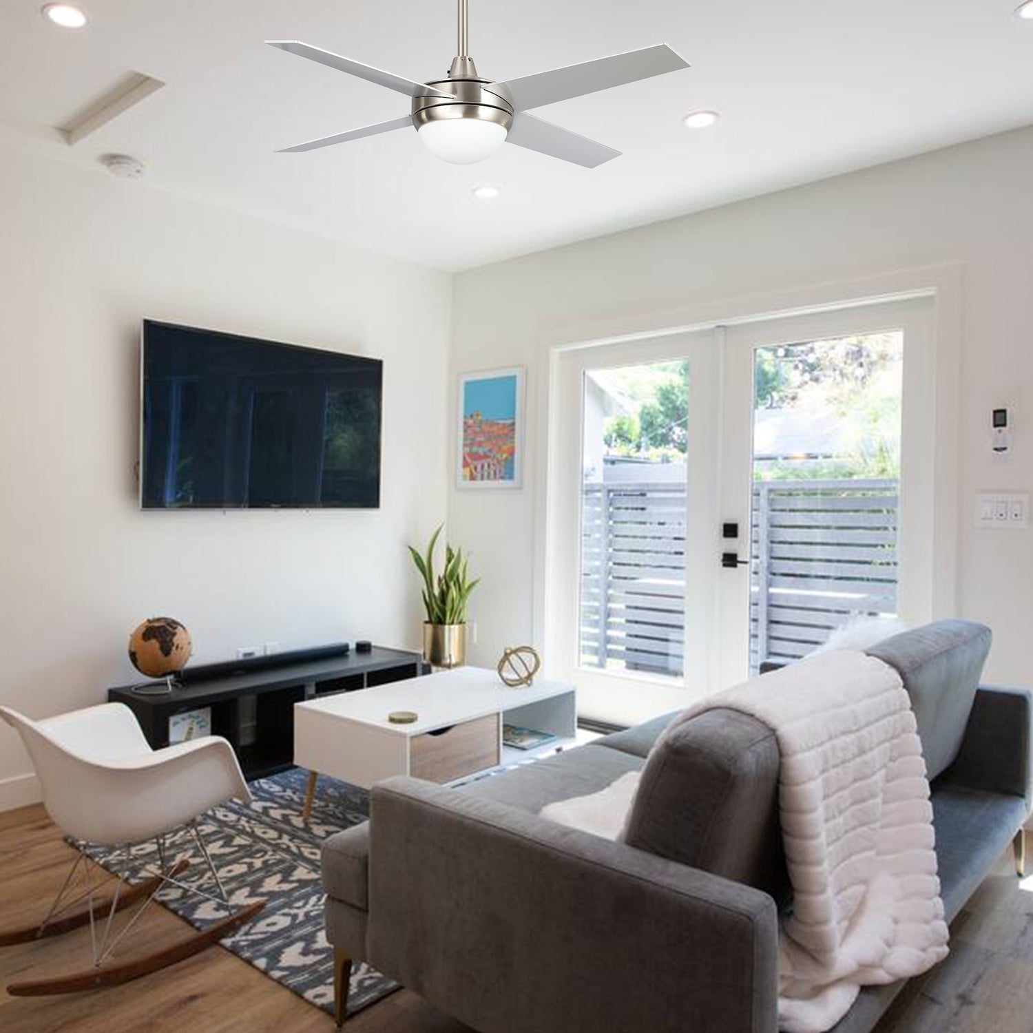 Carro Nova 48 inch Smart Ceiling Fan With LED Light Kit-silver base with white blades.