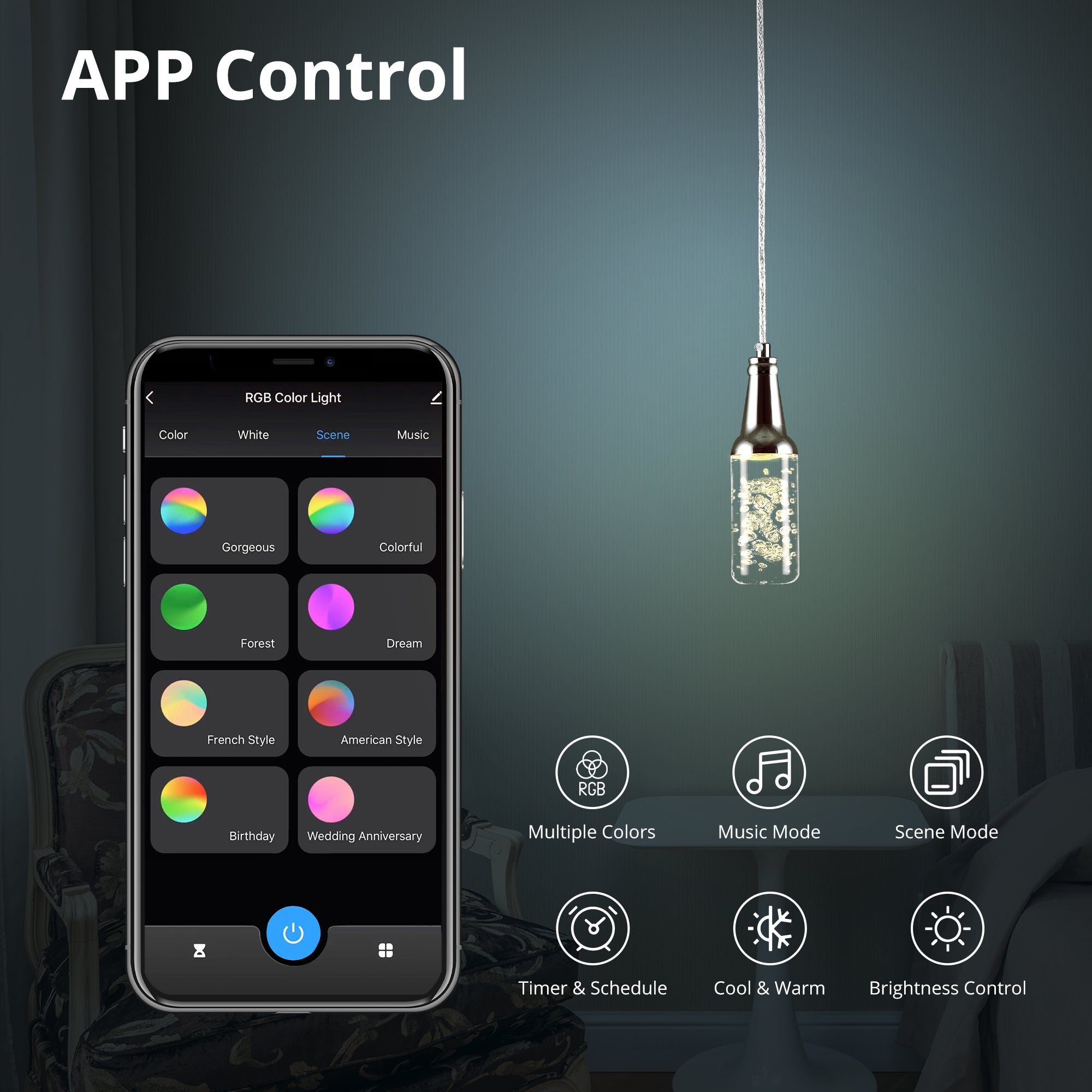 The pendant light features Wi-Fi apps, Siri Shortcut and Voice control technology (compatible with Amazon Alexa and Google Home Assistant) to set the pendant light dimmable and RGB multicolor. This pendant light can satisfy not only the various color lighting effect settings, but also the more dim color variations that slowly change. The light colors are vivid and bright and dimmable.