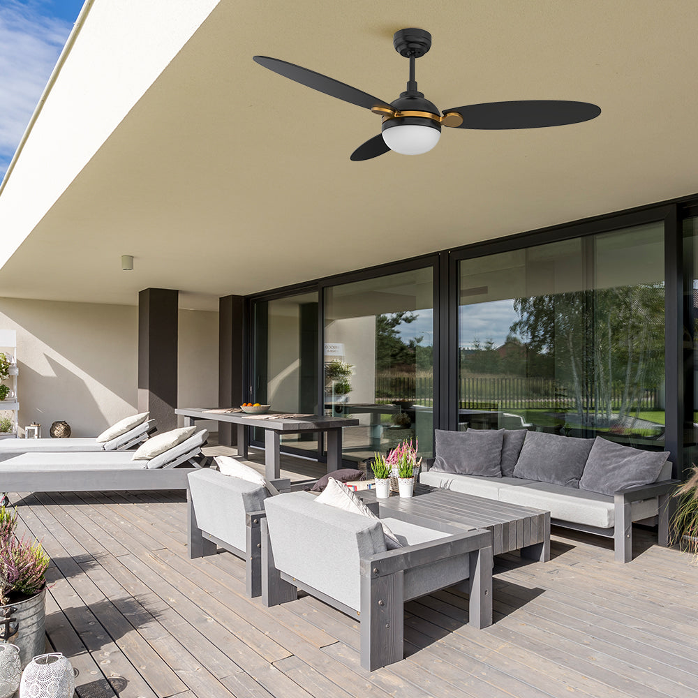 Smafan Carro Raddix 52 inch smart outdoor ceiling fan, 3 pure black fan blades design, 6 inch downrod included, installed in outdoor patio.