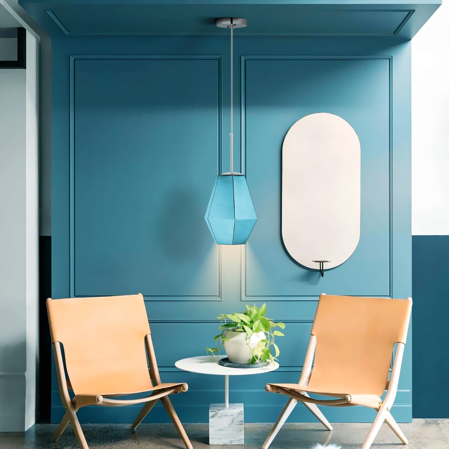 Smafan Taurus Jewel Tone Glass Pendant Light Collection features beautiful jewel tone glass shade that sparkles endlessly. Bring a touch of glamour to your space with this one-of-a-kind pendant. This one-light glass pendant light is a dramatic addition to any room, elevate your living area with the beautiful artistry of this pendant.