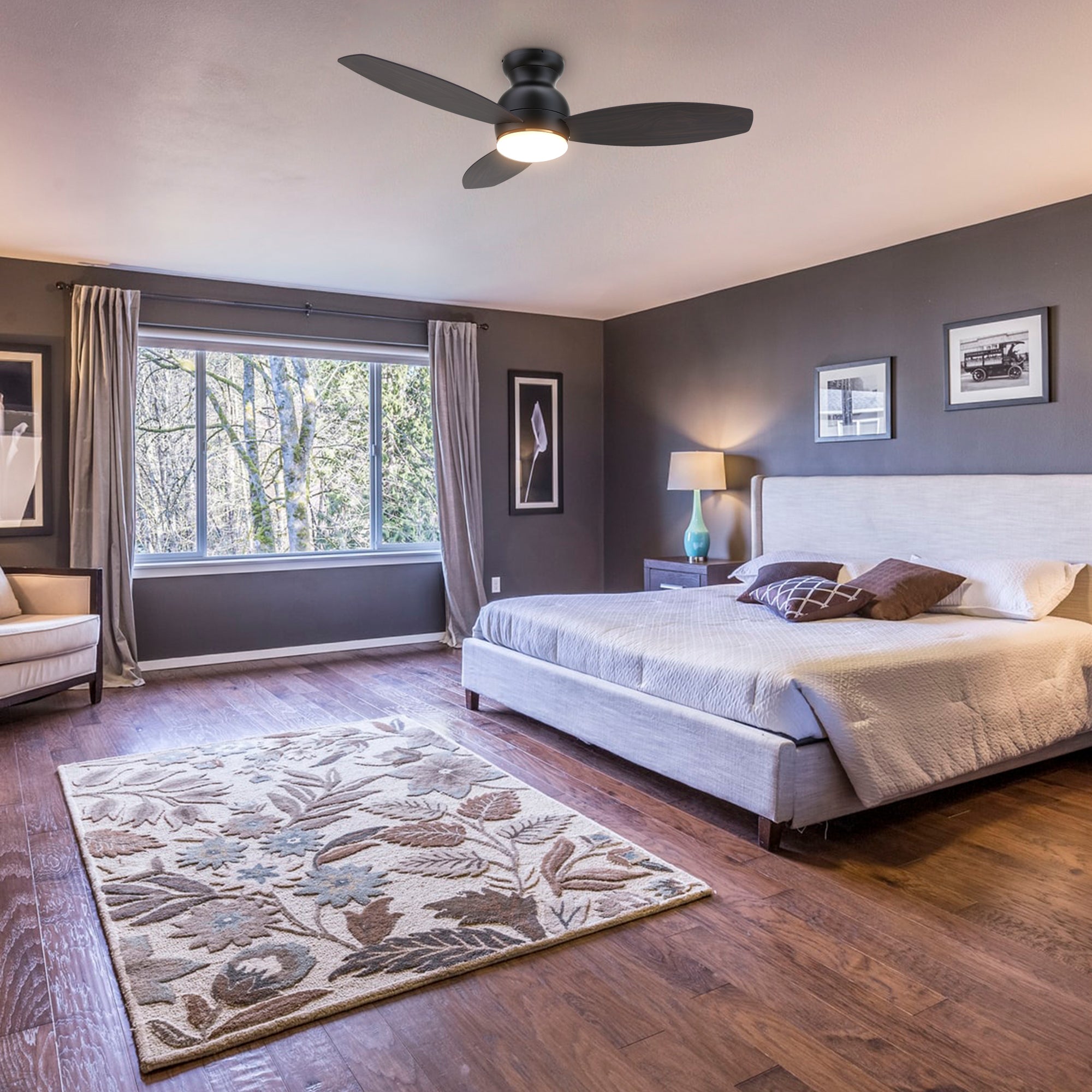 The Smafan Trendsetter Smart Ceiling Fan with 3 blades and a 60-inch blade sweep with a flush mounted motor case and tropical inspired blades. The wide paddle shaped fan blades are elegant Plywood blades. The motor case is a Black finish and one of our few flush mounted DC motor fans