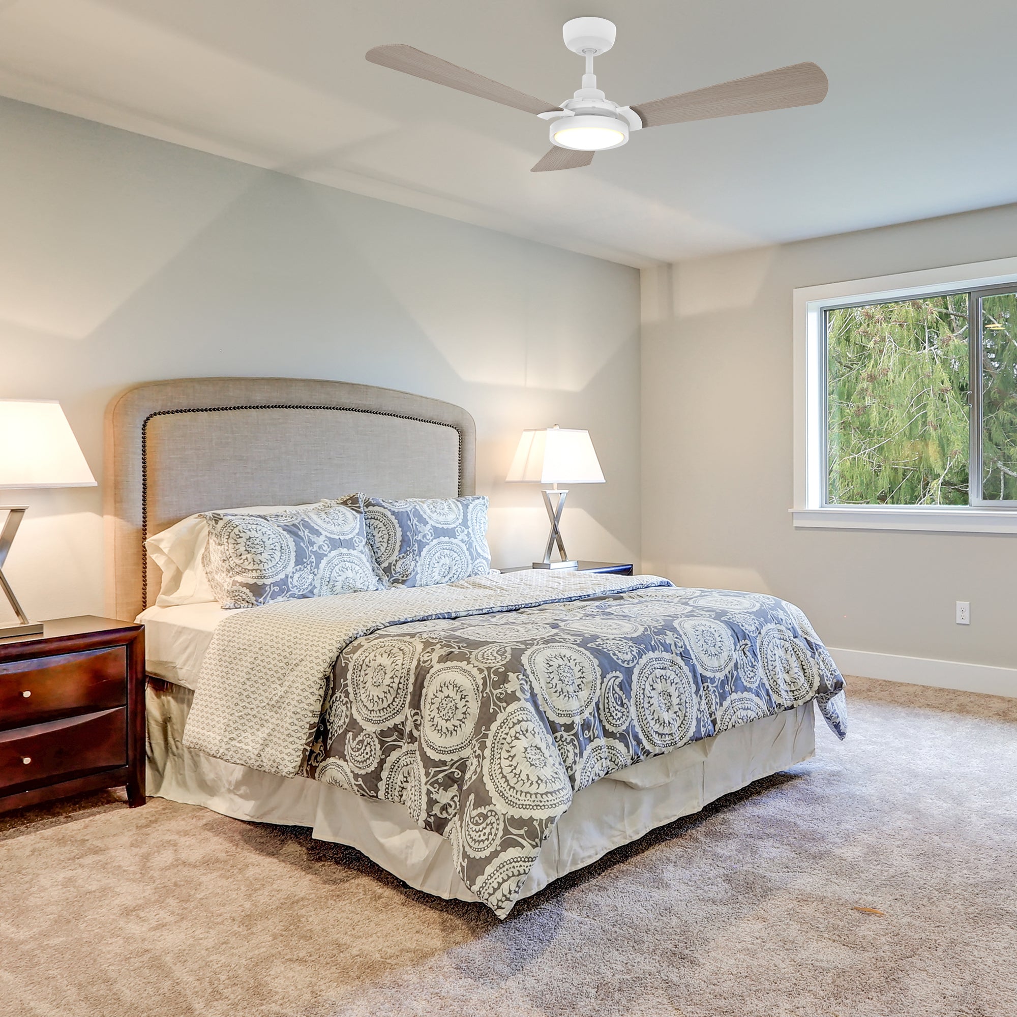 This smart ceiling fan is a simplicity designing with White finish, use elegant Plywood blades, Glass shade and has an integrated 4000K LED daylight. The fan features Remote control, Wi-Fi apps, Siri Shortcut and Voice control technology (compatible with Amazon Alexa and Google Home Assistant ) to set fan preferences.