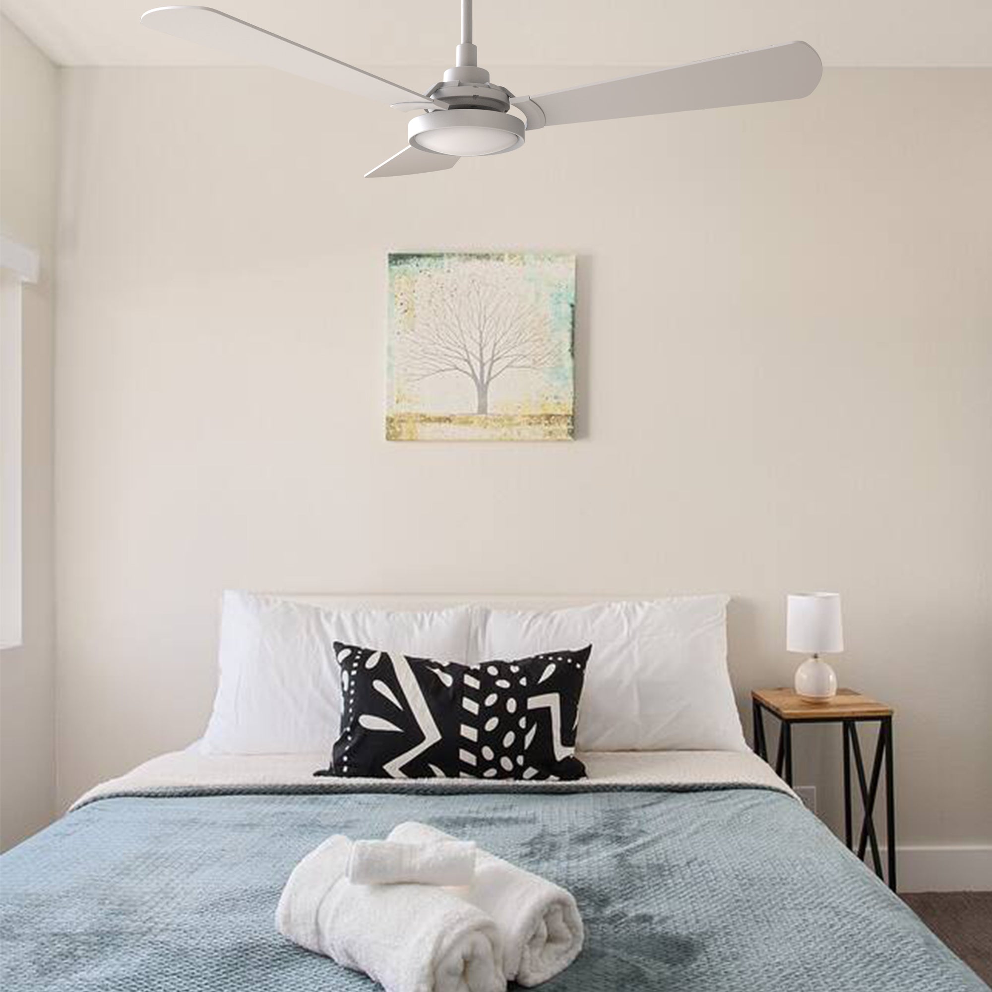 This smart ceiling fan is a simplicity designing with White finish, use elegant Plywood blades, Glass shade and has an integrated 4000K LED daylight. The fan features Remote control, Wi-Fi apps, Siri Shortcut and Voice control technology (compatible with Amazon Alexa and Google Home Assistant ) to set fan preferences.