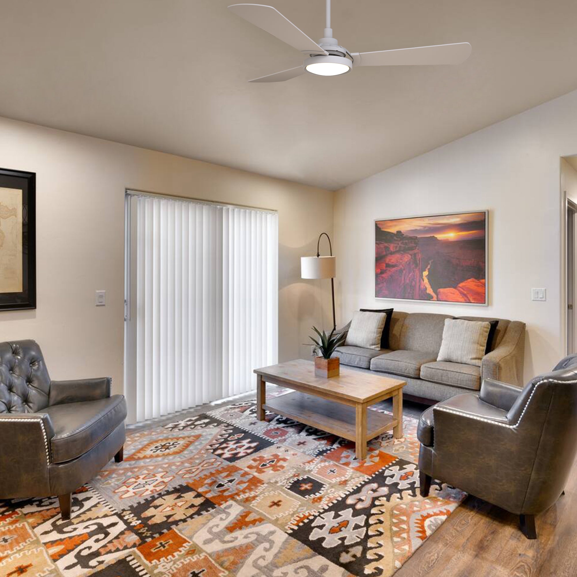 This smart ceiling fan is a simplicity designing with White finish, use elegant Plywood blades, Glass shade and has an integrated 4000K LED daylight. The fan features Remote control, Wi-Fi apps, Siri Shortcut and Voice control technology (compatible with Amazon Alexa and Google Home Assistant ) to set fan preferences.