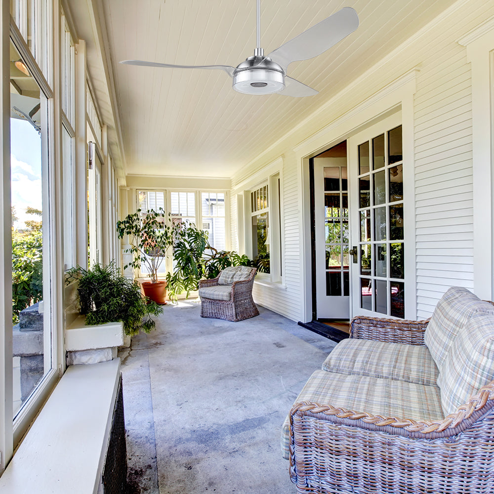 This smafan 52inch wet-rated outdoor ceiling fan features dimmable LED light and smart control for convenient operation in any outdoor space.