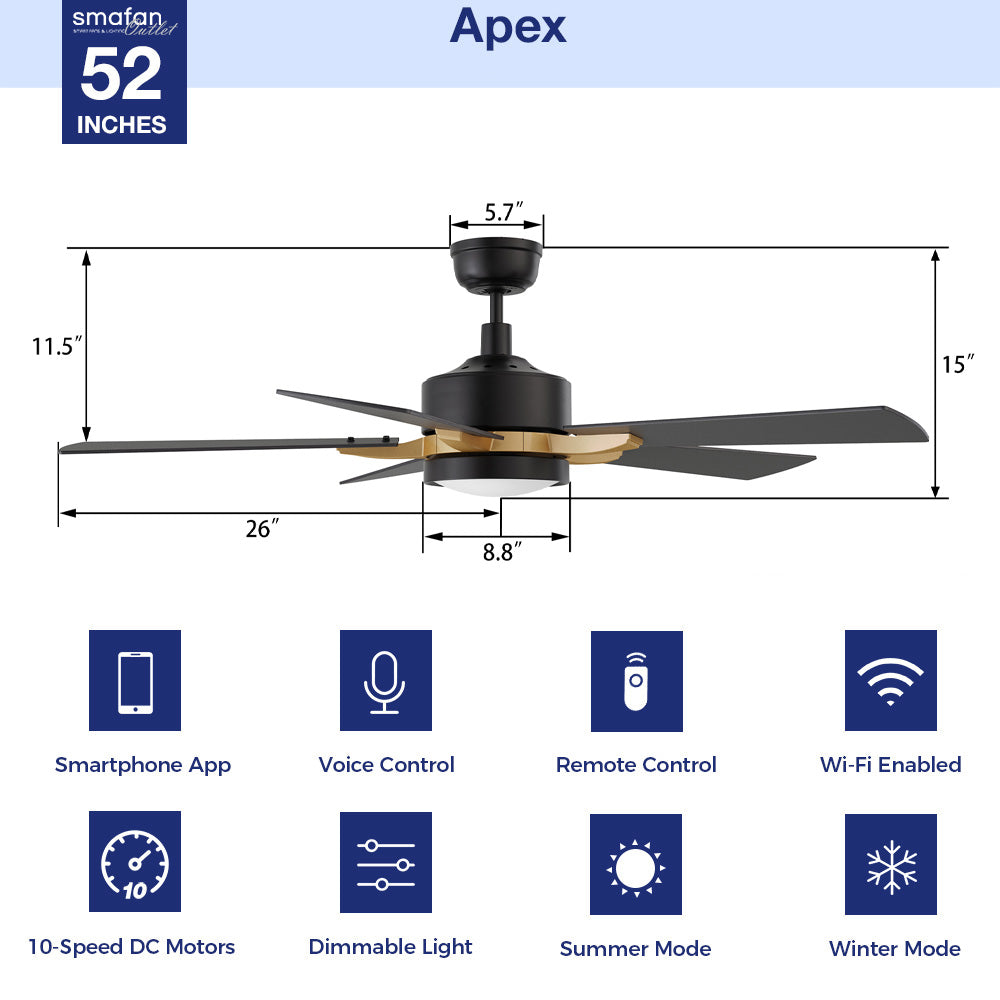 The Smafan Apex 52 inch smart ceiling fan keeps your space cool, bright, and stylish. It is a soft modern masterpiece perfect for your large indoor living spaces. This Wifi smart ceiling fan is a simplicity designing with Black finish, use elegant Plywood blades and has an integrated 4000K LED daylight.