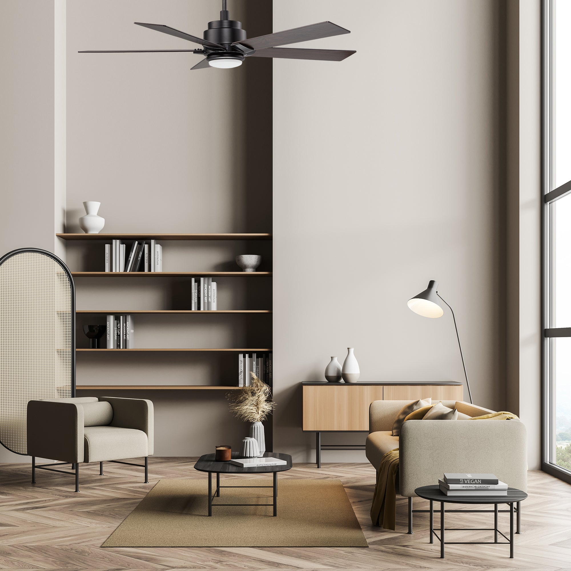 Carro ASPEN indoor/outdoor ceiling fan with LED light, 5 dark wood fan blades, installed in home office.