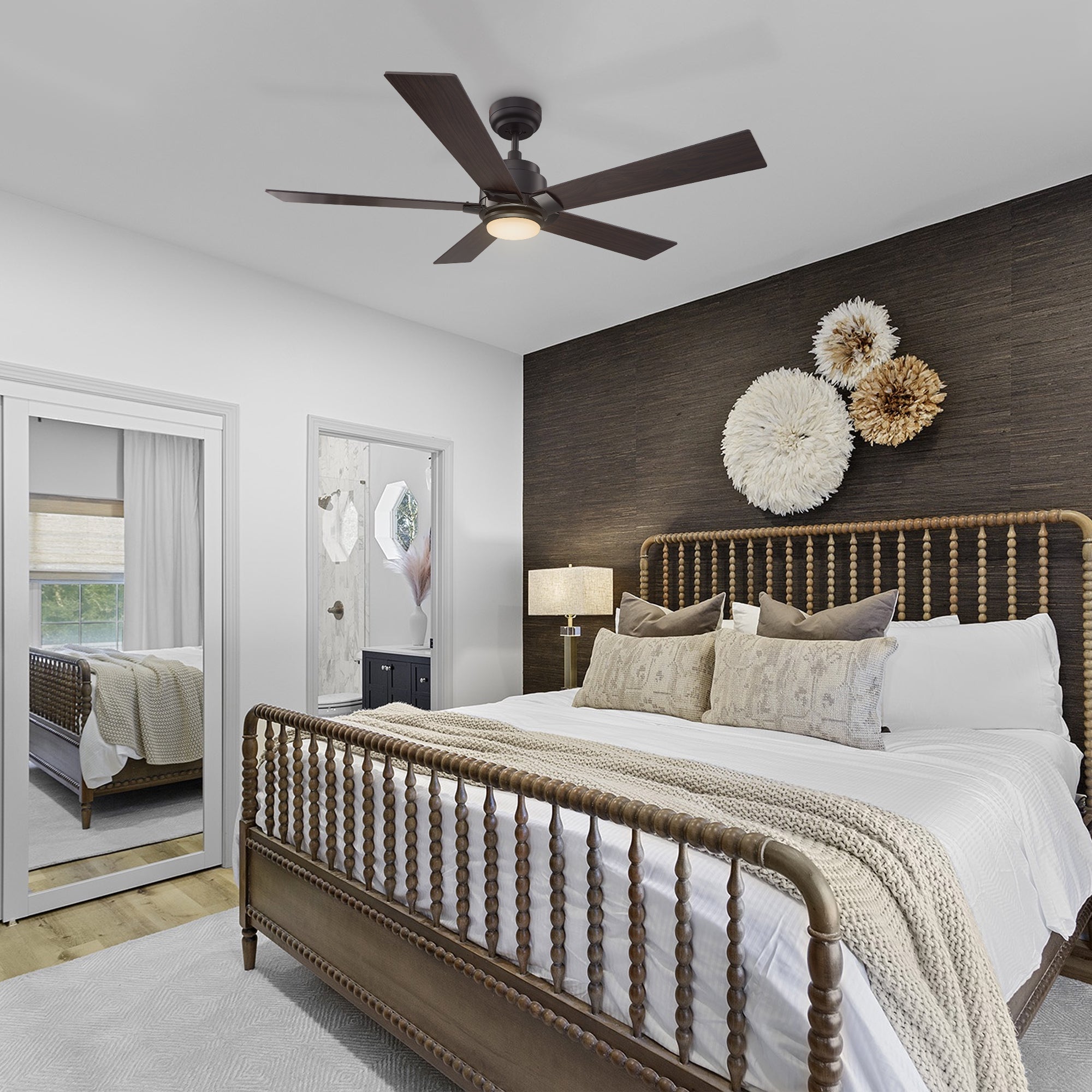 Carro ASPEN indoor/outdoor ceiling fan with LED light, 5 dark wood fan blades, installed in home office.