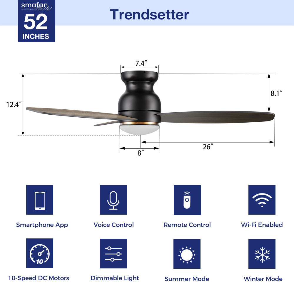 Trendsetter 52 inch low profile smart ceiling fan dimension diagram with feature icons.