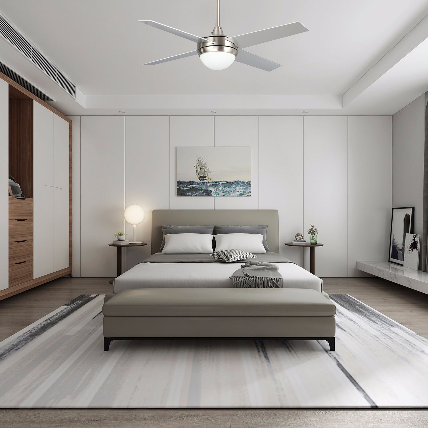 Carro Nova 48 inch Smart Ceiling Fan With LED Light Kit-silver base with white blades.