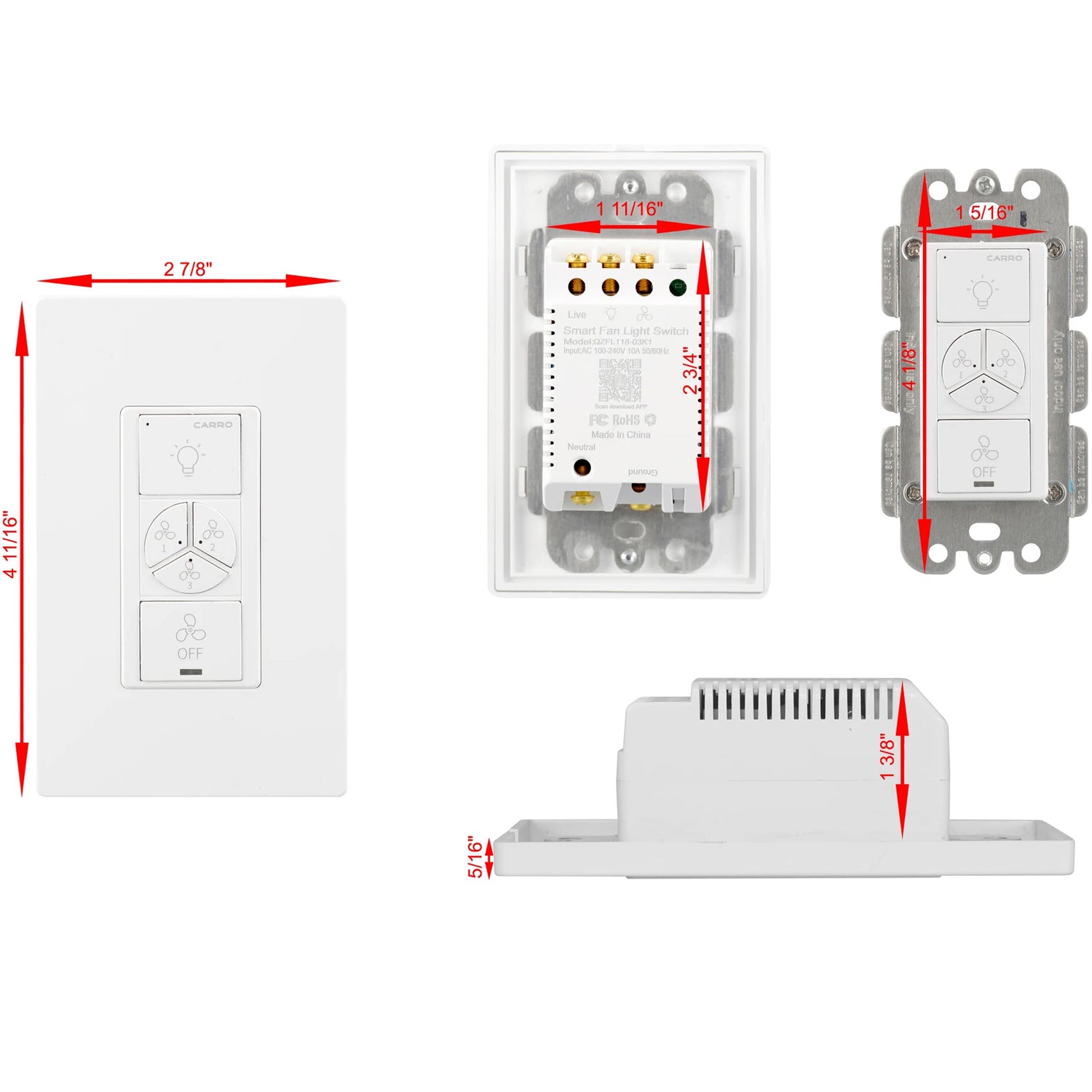 Carro Home Smart Wall Switch Controller For Ceiling Fans (4 Gang)