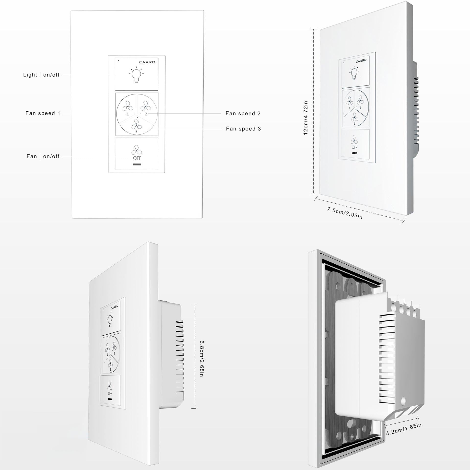 Carro Home Smart Wall Switch Controller For Ceiling Fans (3 Gang)