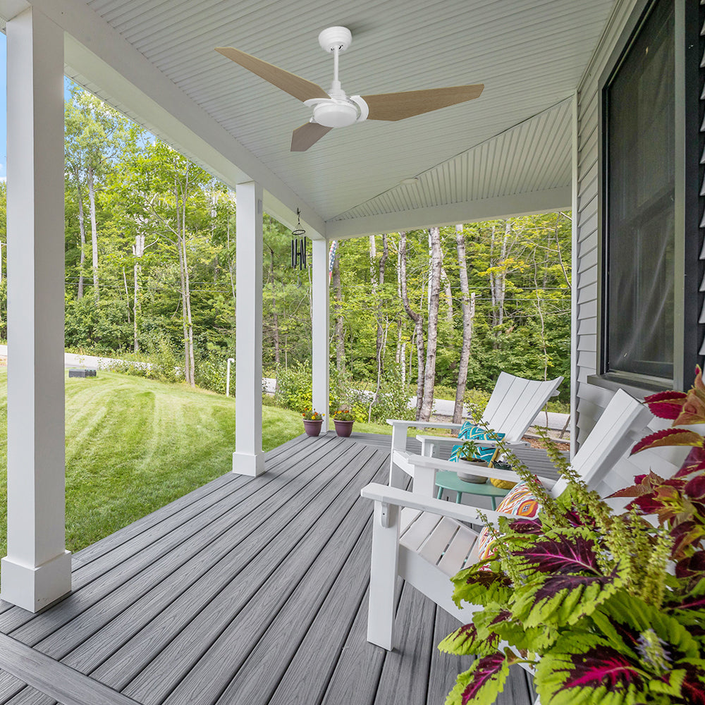 This 52-inch Trailblazer outdoor ceiling fan boasts a tropical style that is perfect for outdoor patio decor.