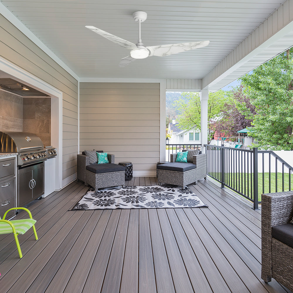 This 56-inch Trailblazer outdoor ceiling fan boasts a tropical style that is perfect for outdoor patio decor.