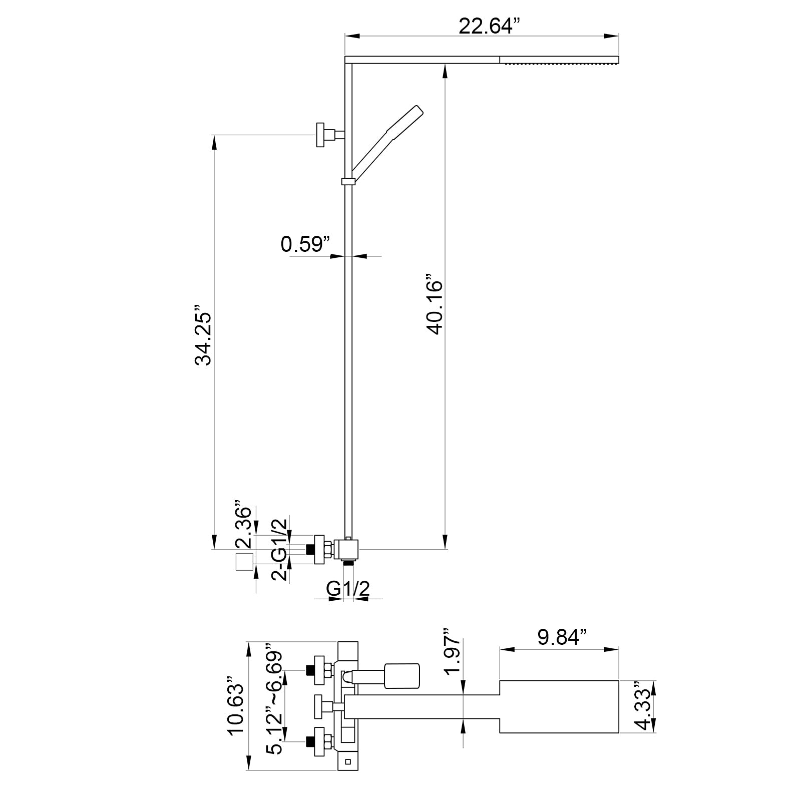 Amexty Exposed 2 Function Rainfall Shower Set with Handshower in Matte Black