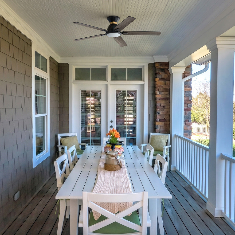 This smafan Essex outdoor ceiling fan in dark-wood with smart and 10-speed control is the perfect solution for any outdoor living space.