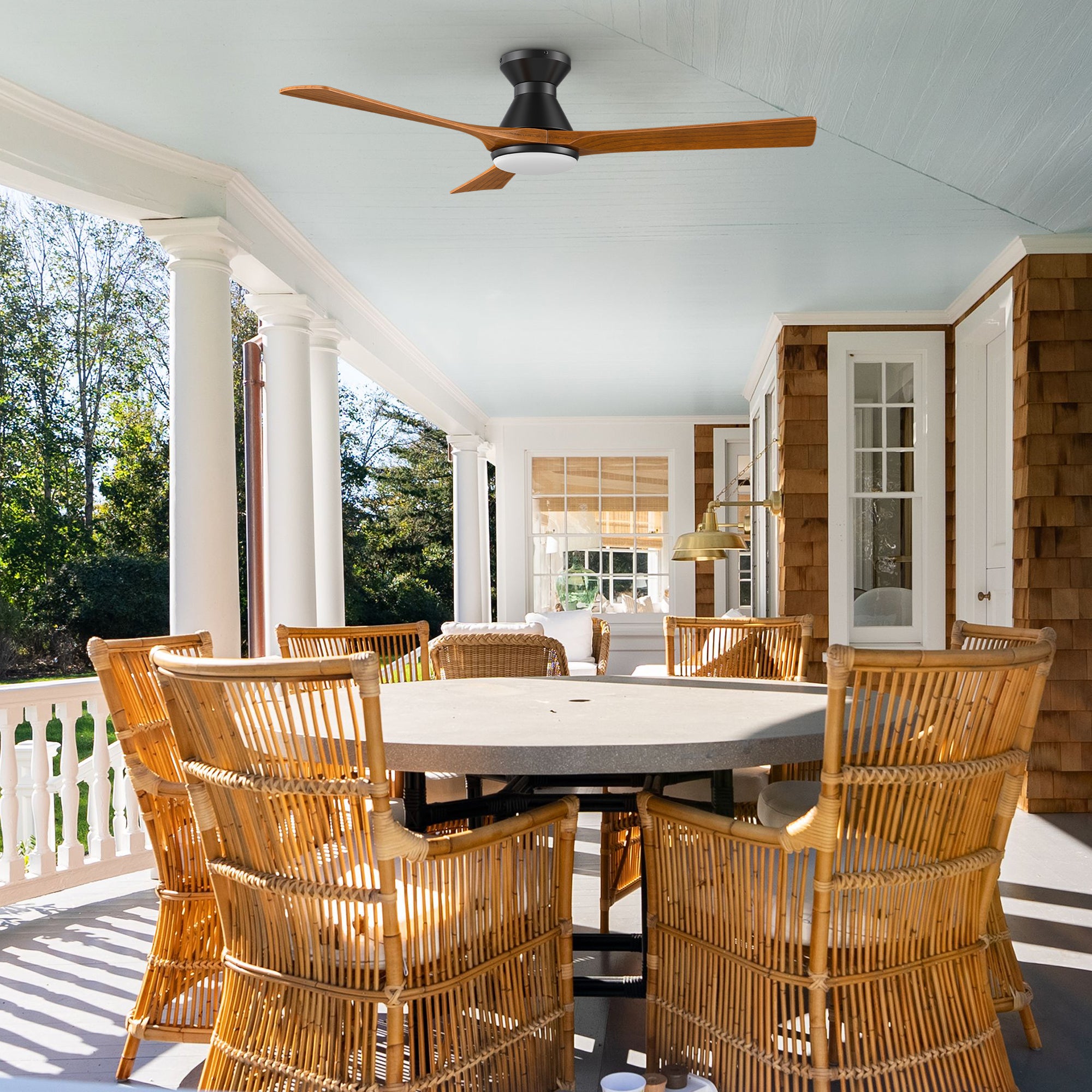 Antrim smart ceiling fan can be installed in outdoor covered area, with modern design, and flush mounted.