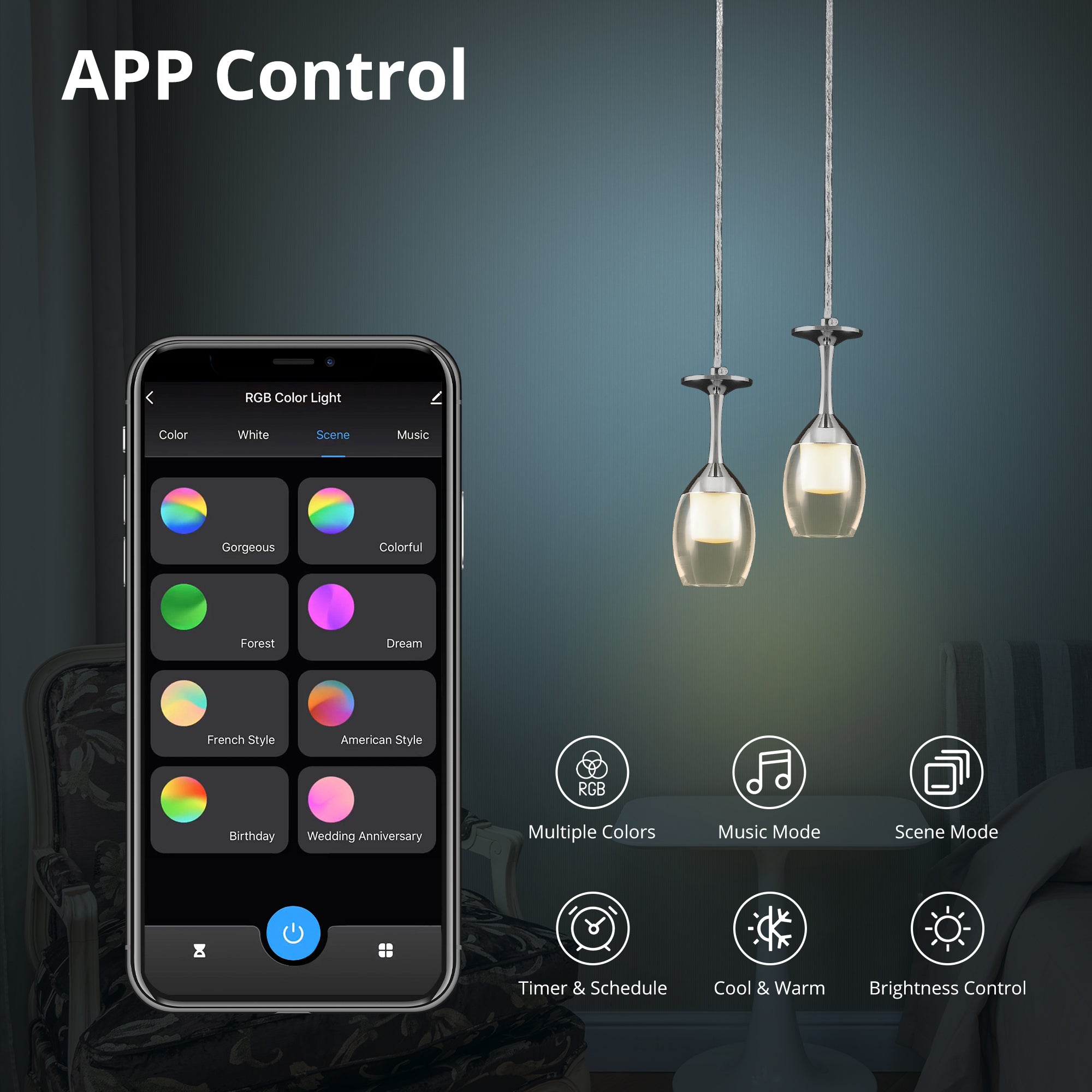 It brings fun light that can be used in every occasion. The pendant light features Wi-Fi apps, Siri Shortcut and Voice control technology (compatible with Amazon Alexa and Google Home Assistant) to set the pendant light dimmable and RGB multicolor. This pendant light can satisfy not only the various color lighting effect settings, but also the more dim color variations that slowly change. The light colors are vivid and bright and dimmable.