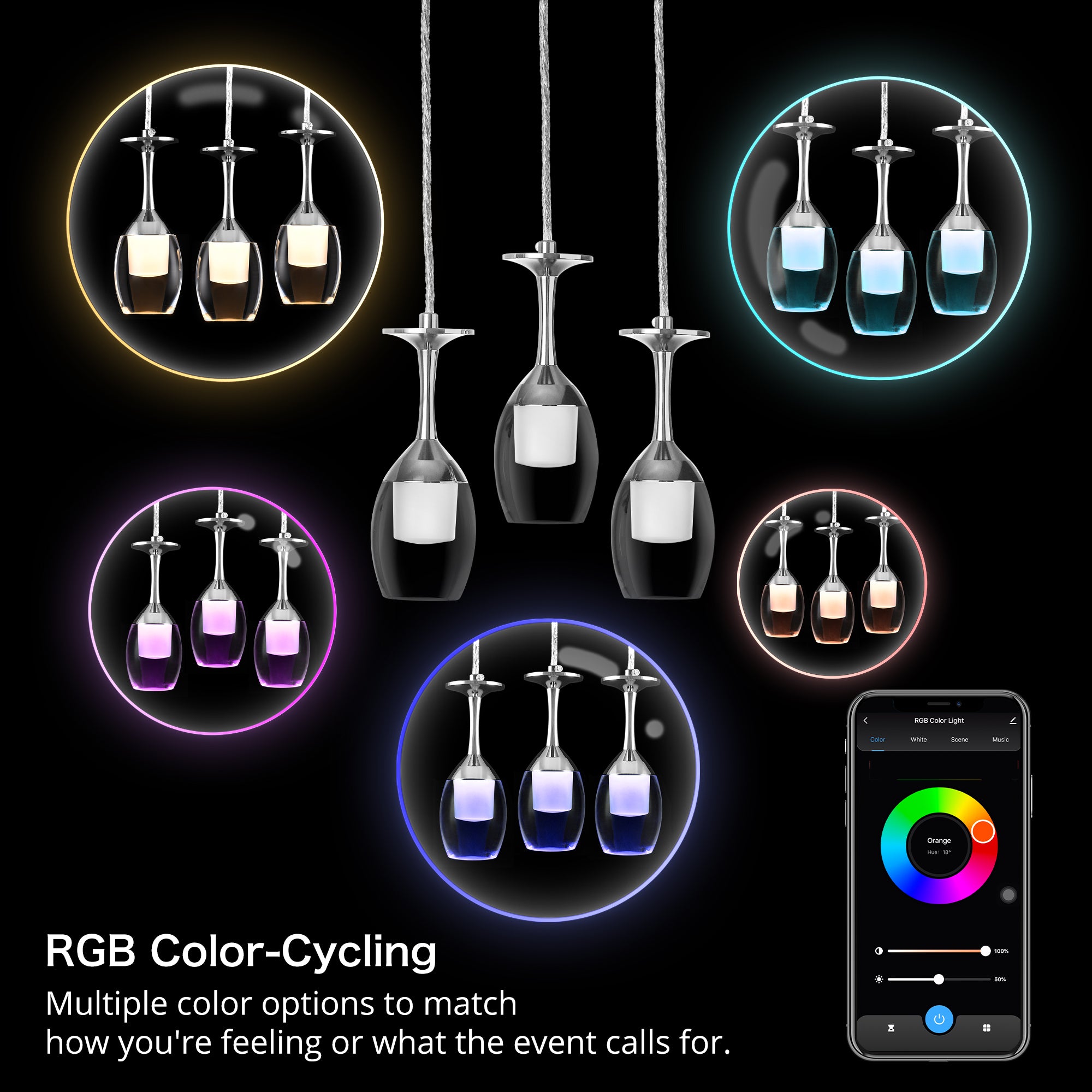 It brings fun light that can be used in every occasion. The pendant light features Wi-Fi apps, Siri Shortcut and Voice control technology (compatible with Amazon Alexa and Google Home Assistant) to set the pendant light dimmable and RGB multicolor. This pendant light can satisfy not only the various color lighting effect settings, but also the more dim color variations that slowly change. The light colors are vivid and bright and dimmable.