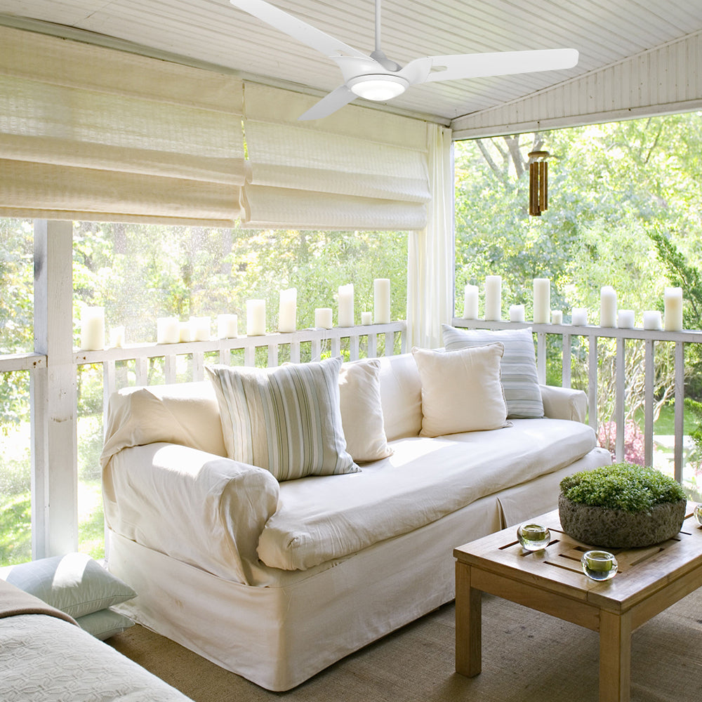 This 52-inch pure white Innovator outdoor ceiling fan features a modern design and an integrated LED light kit. It is totally damp-rated.
