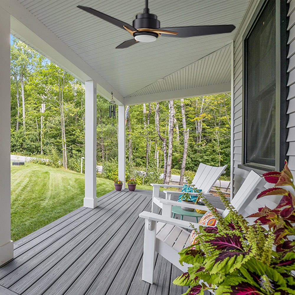 This Tilbury 48-inch outdoor ceiling fan features a modern design and an integrated LED light kit.
