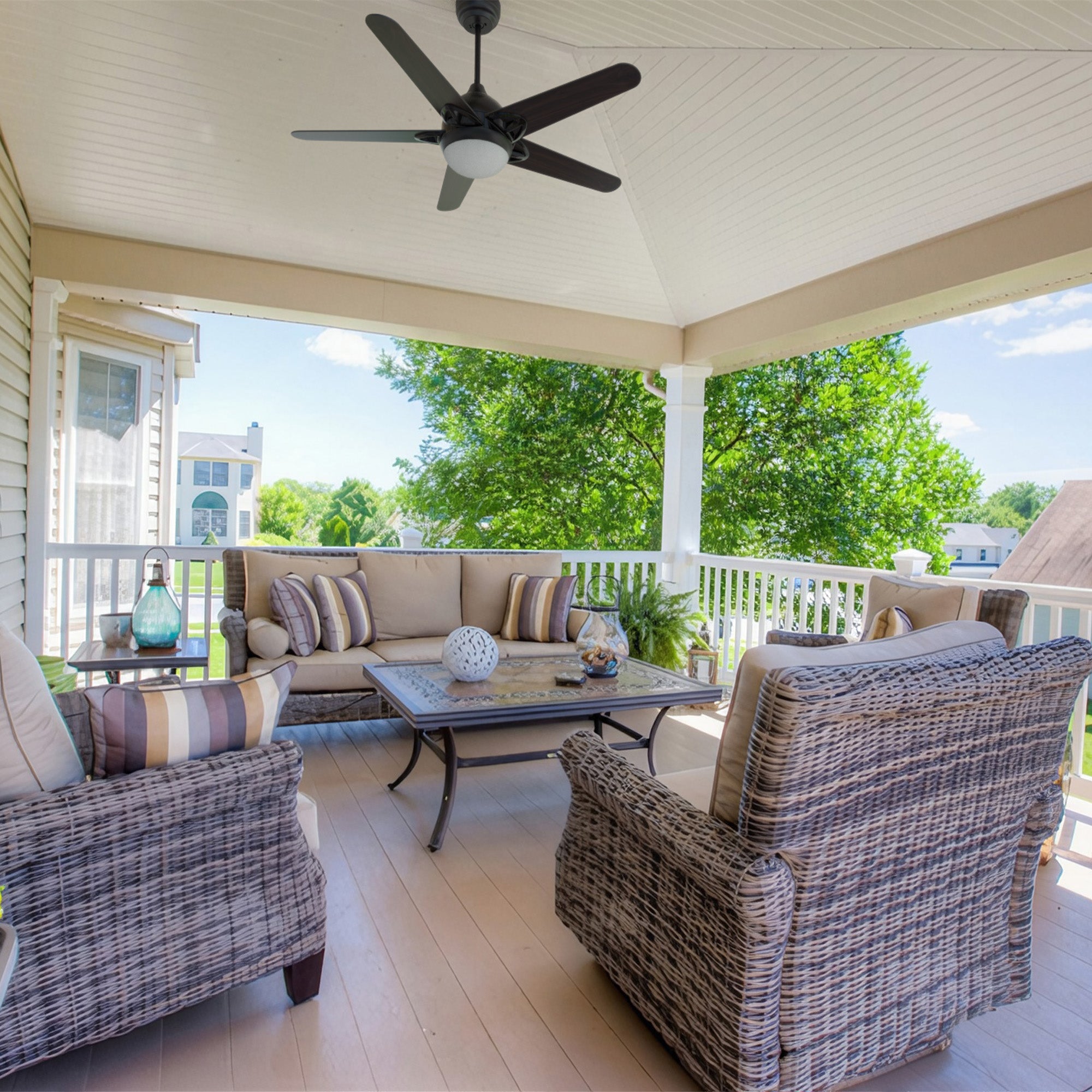This Sonnon 52-inch damp-rated outdoor ceiling fan boasts a modern design, perfect for use on patios or decks.